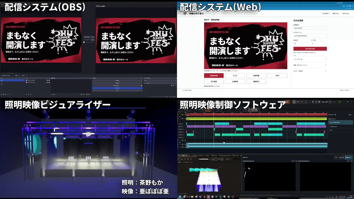 配信システム(OBS・Web)、照明映像ビジュアライザー、照明映像制御ソフトウェアの画面
