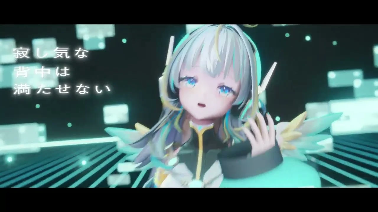 光るパネルが浮かぶ空間で歌うキャラクター